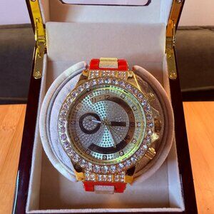 Montres Carlo Gold + Red Oversized Bling Watch w/ Crystals, 53mm